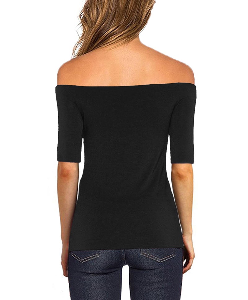Sarin Mathews Women's Sexy Slim Fit Stretchy Off Shoulder Elbow Half Sleeve Blouse Tops Black XL - Image 3